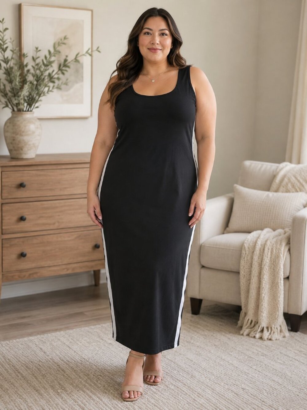 SHEIN Curve 4XL Black White Side Stripe Bodycon Maxi Tank Dress Plus Size